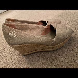 Tory Burch 8.5 Open Toe Canvas Wedges